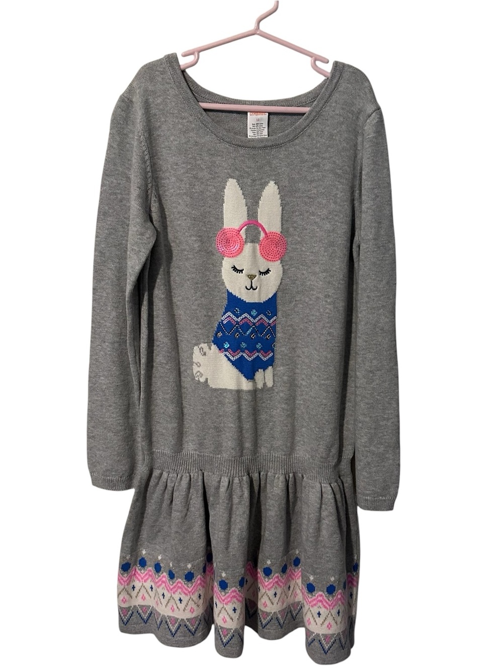 NWT Gymboree Llama Sweater Dress Size 12 Gray Fair Isle Sequin Earmuffs Winter